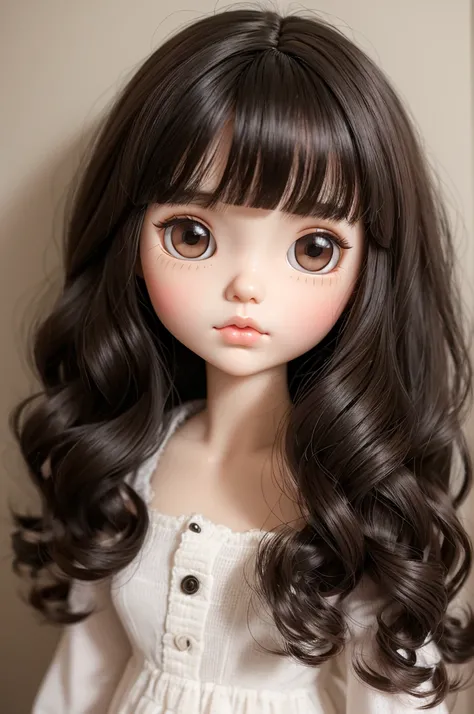 A Blythe doll with black eyes, wavy hair and bangs, small nose and dark brown hair medium hair 