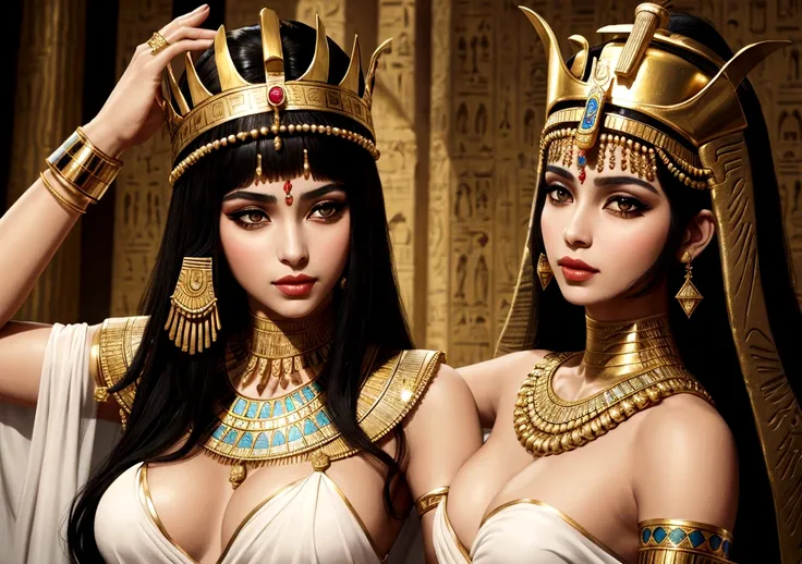 egyptian queen cleopatra, with classic crown, and luxurious Egyptian clothing, with jewelry. white skin color, de corpo inteiro, Egyptian makeup

