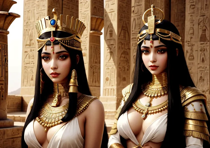 egyptian queen cleopatra, with classic crown, and luxurious Egyptian clothing, with jewelry. white skin color, de corpo inteiro, Egyptian makeup

