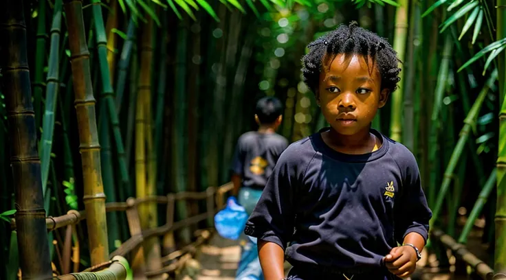 Image of a black teenager, 12 years old - wearing a dark gray long-sleeved shirt, short curly hair - long pants and straw sandals - looking sideways in the bamboo grove, running alone on the trail Image of two blue and black captain butterflies - butterfly...