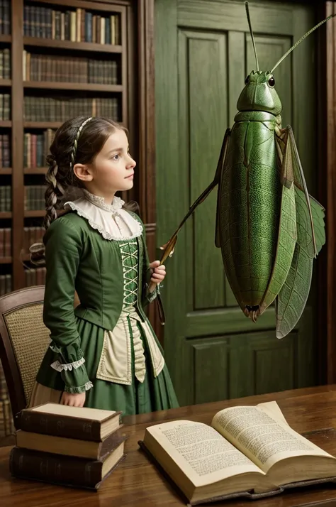 I want a big grasshopper , unreal green , Giving advice to a  in 1700s clothing, with white eyes I want them to be in a wooden room around books , and fairies and elves upon them * 