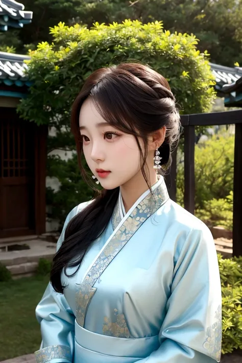 Close up of woman in dress standing in yard, beautiful korean girl, 