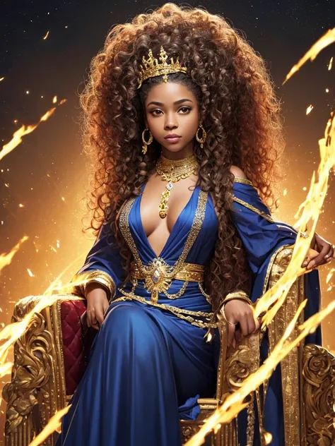 an afro-descendant queen character on the throne,  with curly hair, wearing long dark clothes, personality would be, with a diam...