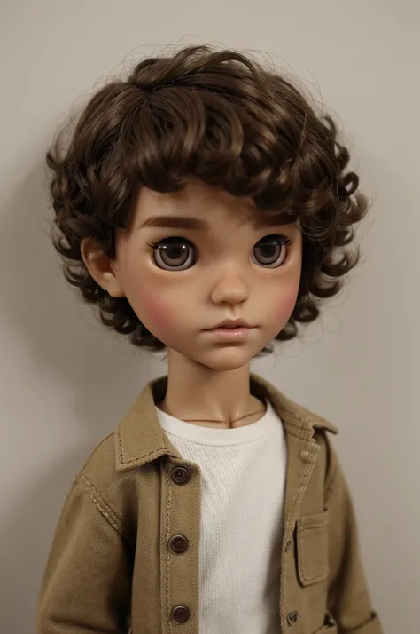 Make a boy blythe doll with light brown skin, really baggy eyes, brown eyes, curly short hair una tomboy cut and dark hair