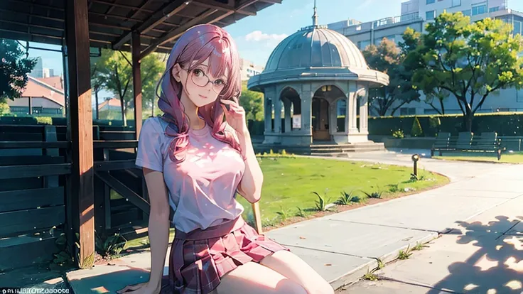 (masterpiece:1.2, Top quality),, Nice illustration, (Natural side Light, Light), 
Looking at the audience, 1 girl,Protruding nipples， wear glasses，Pink hair，White jk shirt，Pink pleated skirt，Large Breasts，Sitting in the park pavilion