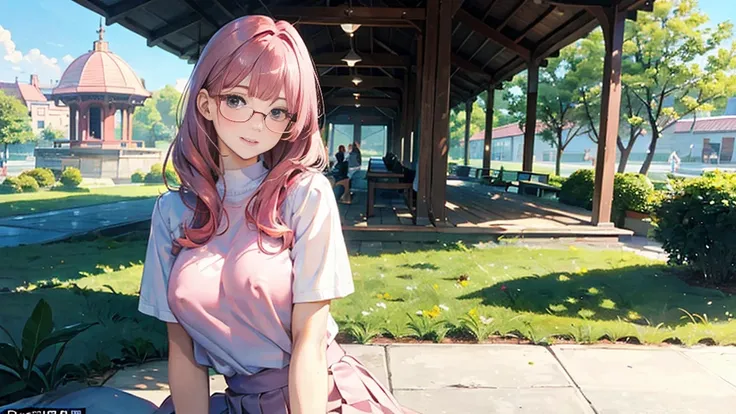 (masterpiece:1.2, Top quality),, Nice illustration, (Natural side Light, Light), 
Looking at the audience, 1 girl,Protruding nipples， wear glasses，Pink hair，White jk shirt，Pink pleated skirt，Large Breasts，Sitting in the park pavilion