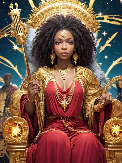 an adult queen character of African descent on the throne holding a staff, with curly hair, wearing red long clothes, personality would be, with a diamond crown on her head, wearing gold jewelry, burning starry sky all around