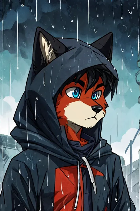 Male fox, he would have blue eyes, black hair, a long black tail, it would be raining, he would be wearing a hood holding a pistol, he would be looking at the sky, and