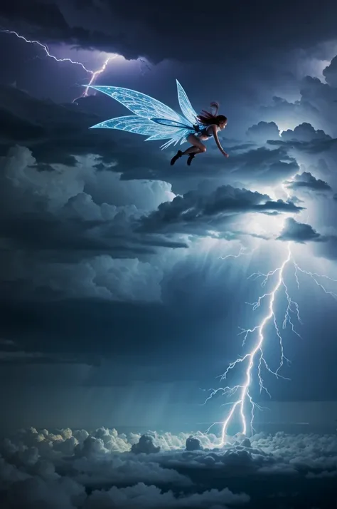 A super violent fairy controlling lightning while flying through a storm 