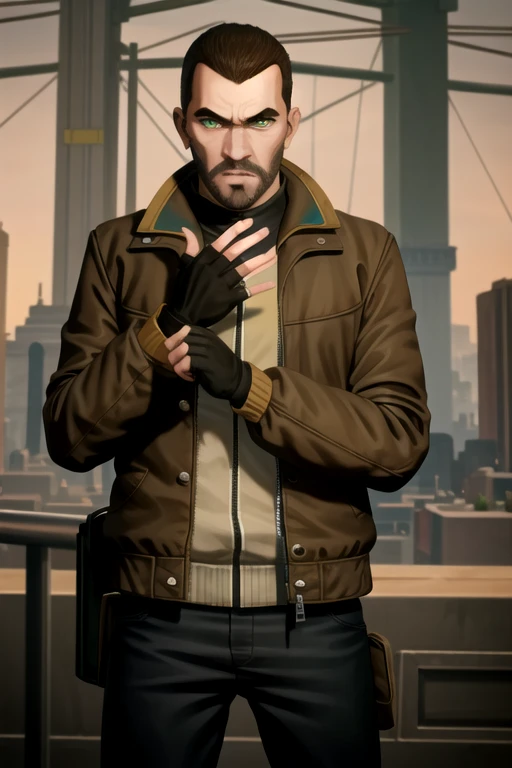 arcane style, (1boy), Niko Bellic (Grand Theft Auto IV), male focus, brown jacket,fingerless gloves, jacket, long sleeves, beard,facial hair, forehead, brown hair,green eyes,
