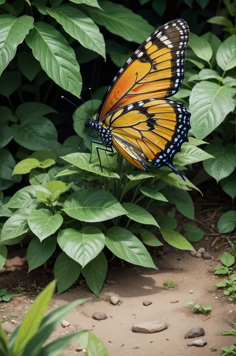 super detaill, High details, high qualiy, 8K, a butterfly in surrounding foliage and a lawn on the ground with very sharp, stronger and lighter colors