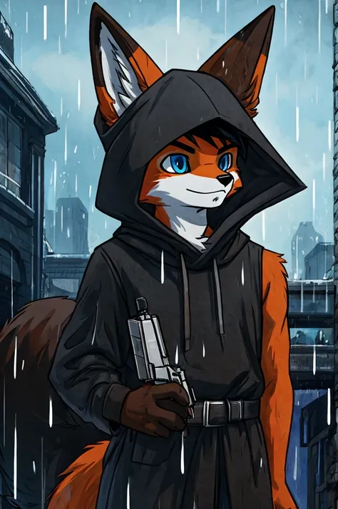 Male fox, he would have blue eyes, black hair, a long black tail, it would be raining, he would be wearing a hood holding a pistol, he would be looking at the sky, and,The fox would have a black color