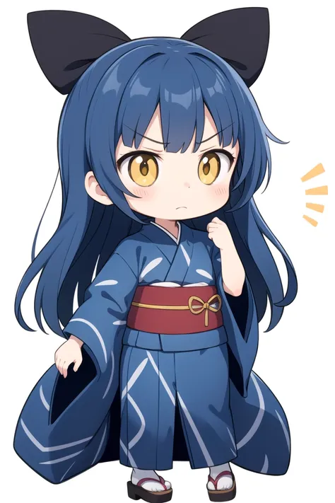 chibi, flat color, solo, full body, cute, (highest quality), yellow eyes, blue hair, long hair, annoyed, red yukata, white background, (masterpiece)