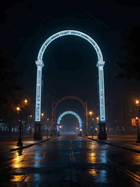 "A glowing arch in a street in a city on a foggy winters night. With a grunge, artistic"