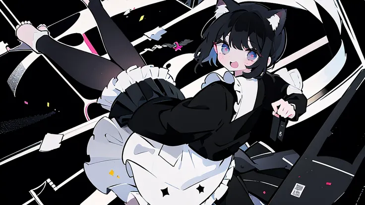 masterpiece, Highest quality, High Resolution, One Girl, solo,Maid,Cat ear、 black eye, Black Hair, Long sleeve、 Laughter, skirt,[[Healed finger]], [[[[multiple limbs]]]]