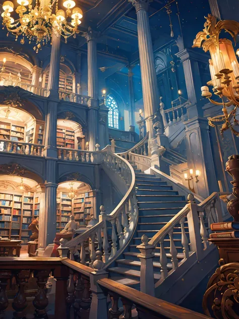 bookstore, bookcases, t-shaped staircase, a gorgeous chandelier