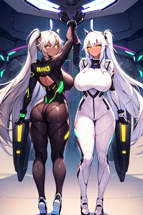 2girls, dark skin, dark-skinned female, bodysuit, ass, from behind, full_body, ((full body)), white bodysuit, white hair, long hair, bodysuit, neon, neon trim, neon lights, machinery, tech, futuristic, science-fiction, large breasts, mature female, yellow ...