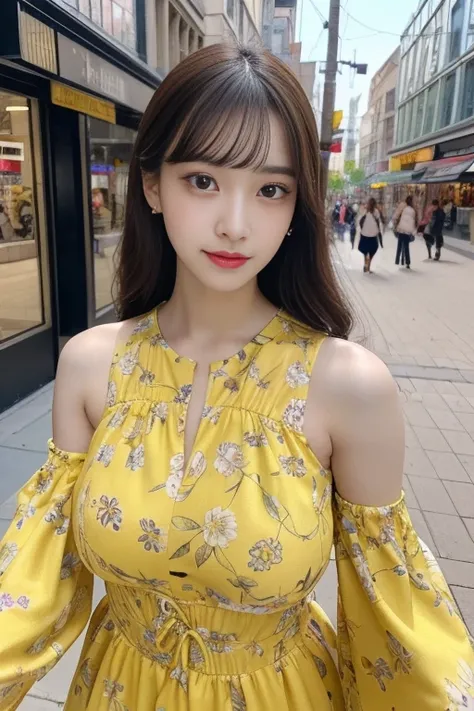 Walk the streets of the city,One lady、 Bandeau Dress, Wearing long gorgeous clothes, wearing a long dress with a yellow floral pattern, shopping, In the city, highly detailed beautiful girl, Highly detailed face, Highly detailed eyes, highly detailedskin, ...