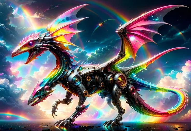 a national geographic, an award winning picture of a (pink mech pterosaur: 1.3) flying in the sky near a rainbow, dynamic sky ba...