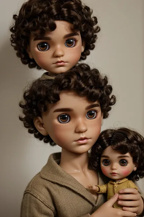 Make a male blythe doll with tan skin, Dark brown eyes, curly hair with buzz cut and dark circles in his eyes make his hair curly make just a doll