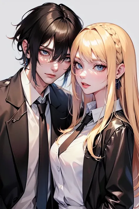 tall man,(man is taller than me woman) messy black-haired man wearing a , is a student, with his hands in his pockets. , a thin woman, long blonde hair, woman has green eyes, cheerleader. best quality, adorable, ultra-detailed, illustration, complex, detai...