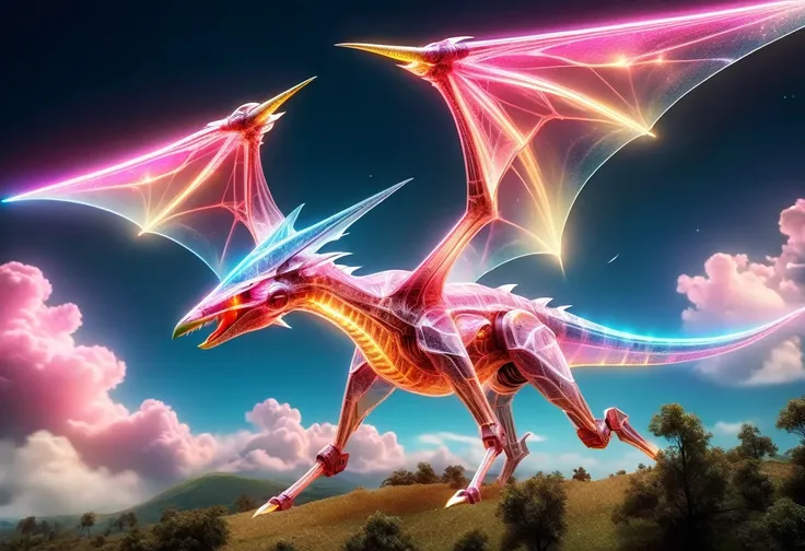 a National Geographic, an award winning picture of a (pink mech Pterosaur: 1.3) flying in the sky near a rainbow, dynamic sky background, (masterpiece: 1.4) intense details, highly detailed, photorealistic, best quality, highres,16k, [ultra detailed], mast...