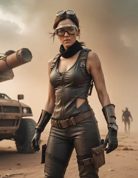 a post-apocalyptic desert landscape, a woman with a bionic arm, fierce expression, leather outfit, goggles, scavenging for resou...