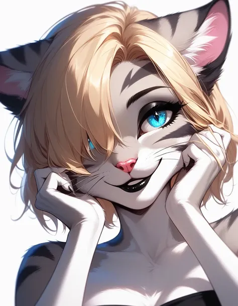 solo, score_9,score_8_up,score_7_up, source_furry, (kat, anthro furry feline girl, adult female, blue eyes, blonde hair, hair co...