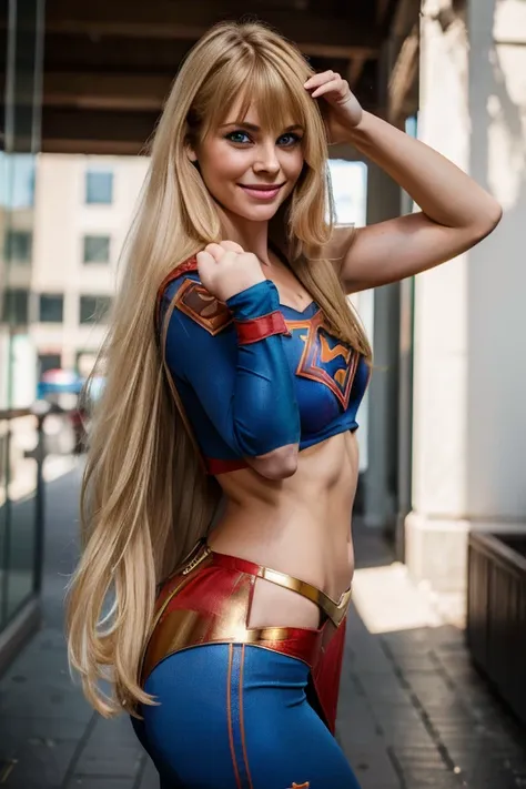 1 girl ((Dressed as Supergirl)), beautiful Realistic supermodel (blue eyes), (She is smiling: 1.1), perfect face, split lips, (Best quality, 8k, Masterpiece: 1.3), perfect hands, clear focus : 1.2, perfect body beauty: 1.4, slim abdomen: 1.2, highly detail...