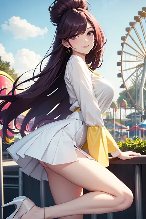 8k, beautiful woman, whole body, high volume hair, split pompadour, wine hair, A white blouse, yellow miniskirt, two bare legs, two bare arms, purple heels, patent heels. Amusement park background, smile, open space, slanted eyes, perfect body.