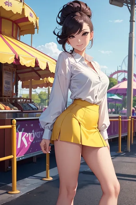 8k, beautiful woman, whole body, high volume hair, split pompadour, wine hair, A white blouse, yellow miniskirt, two bare legs, two bare arms, purple heels, patent heels. Amusement park background, smile, open space, slanted eyes, perfect body.