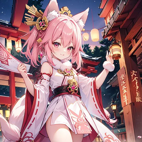 fox maiden, shrine, maiden, pink fur, miko clothing, joyful, cheering, pink fox ears, night, lanterns