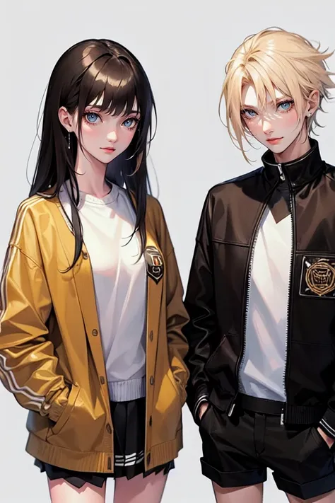 (tall man,(man is taller than me woman) messy black-haired man wearing a , is a student, with his hands in his pockets.),(a thin woman, long blonde hair, woman has green eyes, cheerleader) best quality, adorable, ultra-detailed, illustration, complex, deta...