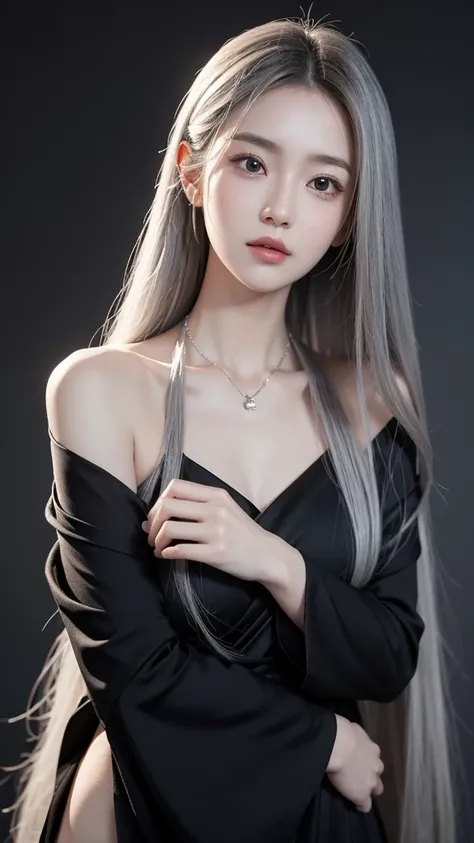 **Character Description:**
A stunning anime-style character with long, flowing silver hair tied up loosely, framing her face and falling over her shoulders. She has a calm, serene expression, with slightly closed, almond-shaped eyes that give her an ethere...