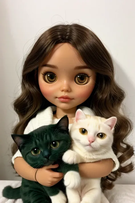 Blythe doll Wavy hair, brown eyes, mole on right eye, light brown skin no hair on forehead with a greenish cat with white in his hand without ears and my brown eyes
