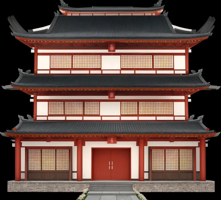 a cartoon illustration of a chinese building with a door and windows, an extremely detailed building, zen temple background, jap...