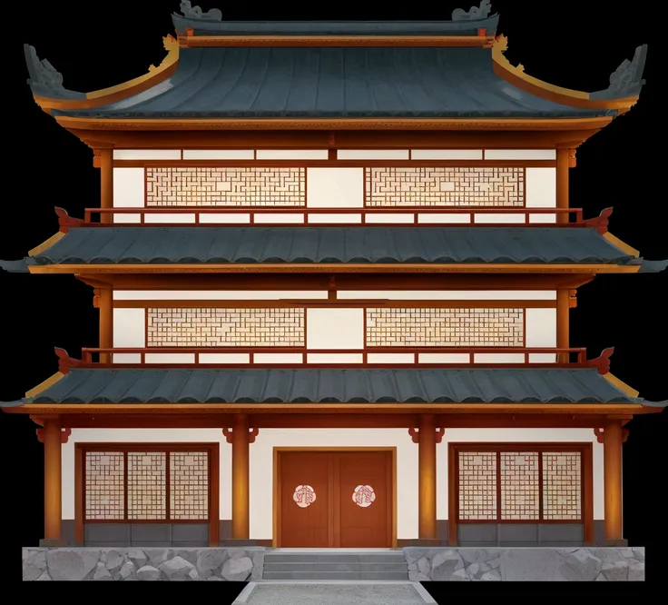 a cartoon illustration of a chinese building with a door and windows, an extremely detailed building, zen temple background, jap...