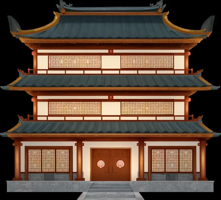 a cartoon illustration of a chinese building with a door and windows, an extremely detailed building, zen temple background, jap...