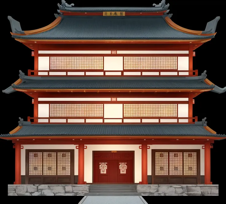 a cartoon illustration of a chinese building with a door and windows, an extremely detailed building, zen temple background, jap...