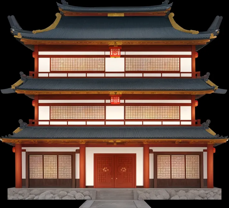 a cartoon illustration of a chinese building with a door and windows, an extremely detailed building, zen temple background, jap...