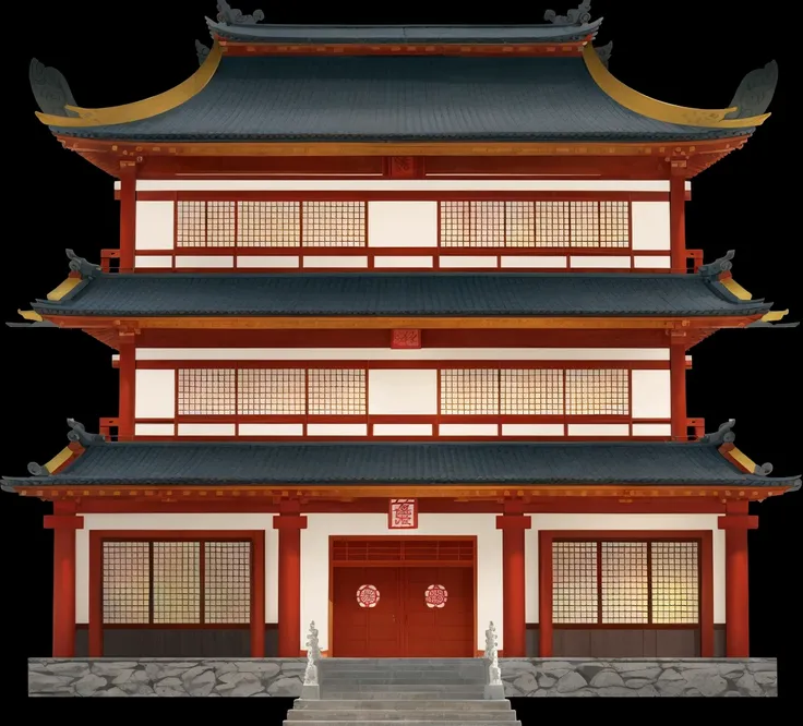 a cartoon illustration of a chinese building with a door and windows, an extremely detailed building, zen temple background, jap...