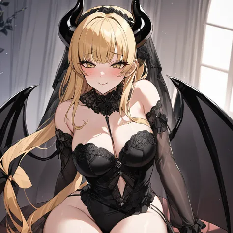 ((Highest quality)), ((masterpiece)), (detailed), （Perfect Face）、The woman is a sexy, jet-black female devil named Sailor Moon.、The woman is a jet-black female demon with magnificent devil horns, jet-black devil wings, and a jet-black tail. Her skin is jet...