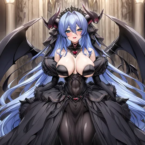 ((Highest quality)), ((masterpiece)), (detailed), （Perfect Face）、The woman is a sexy, dark-skinned demon.、The woman is a jet-black female demon with magnificent devil horns, jet-black devil wings, and a jet-black tail. Her skin is jet-black, she is wearing...