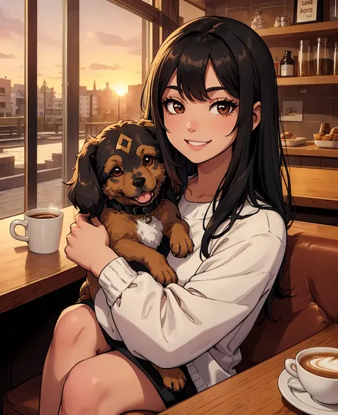 Cute black long straight hair brown eyes round face girl wearing brown sweater sitting in café drinking coffee, sunset, toothy smile without bangs, holding a poodle puppy in her arms