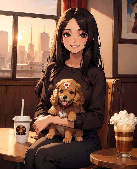 Cute black long straight hair brown eyes round face girl wearing brown sweater sitting in café drinking coffee, sunset, toothy smile without bangs, holding a poodle puppy in her arms