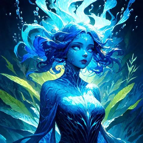 a genasi made of water, woman with water-like skin and flowing blue hair, beautiful detailed eyes, beautiful detailed lips, extremely detailed face, long eyelashes, graceful pose, underwater scene, glowing bioluminescent plants, ethereal lighting, cinemati...