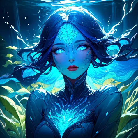 a genasi made of water, woman with water-like skin and flowing blue hair, beautiful detailed eyes, beautiful detailed lips, extr...