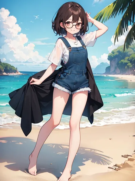 1 female、Brown hair、Brown eyes、Black frame glasses、seductive 、beautiful faces、perfect body。whole body, Best Quality、ultra detailed、8K resolution、photo and grosesa。running on the beach。barefoot, nightgown、denim shorts overalls。, a smile。