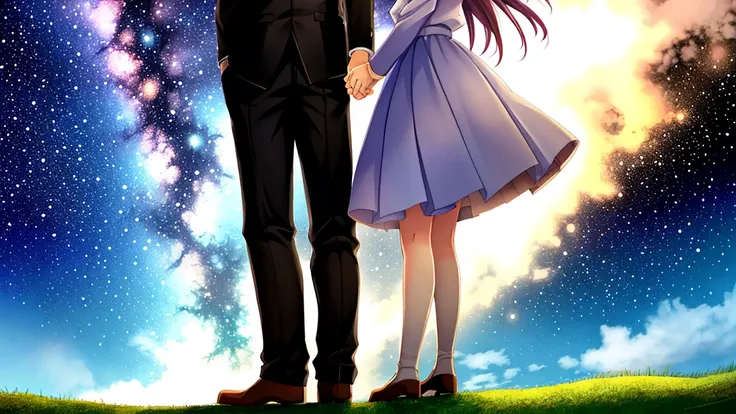 A young man and woman standing on a hill looking up at the Milky Way, holding hands and gazing at each other、Fantasy