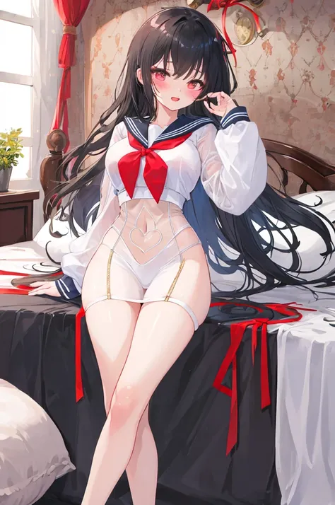 A woman with big ，ahegao，Black long hair，Exquisite，Charm，Red ribbon，((transparent))Sailor Suit，Slim waist，blush，bedroom，A cute daughter，